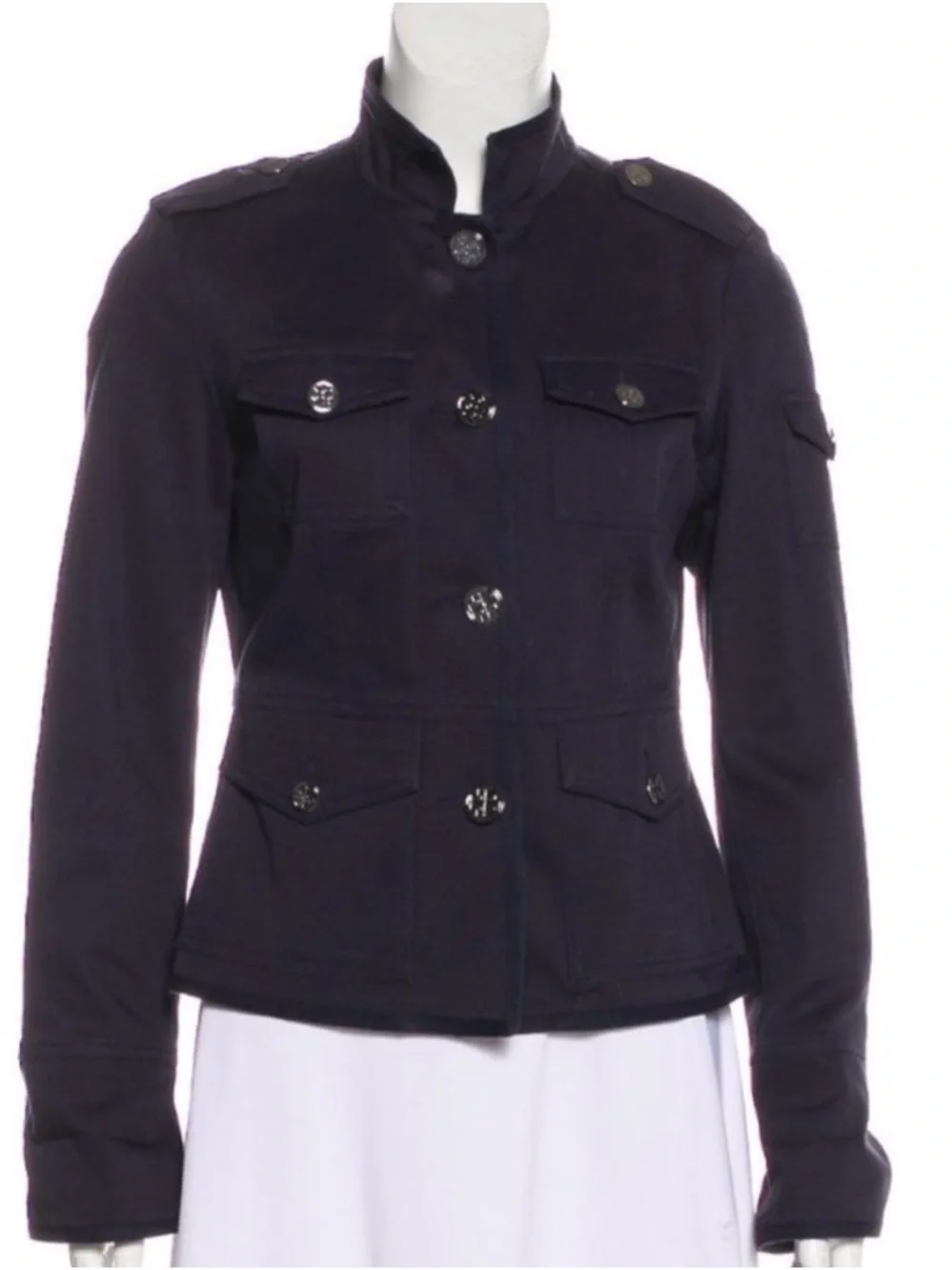 Tory Burch Dark Navy Utility Jacket with Silver Logo Buttons